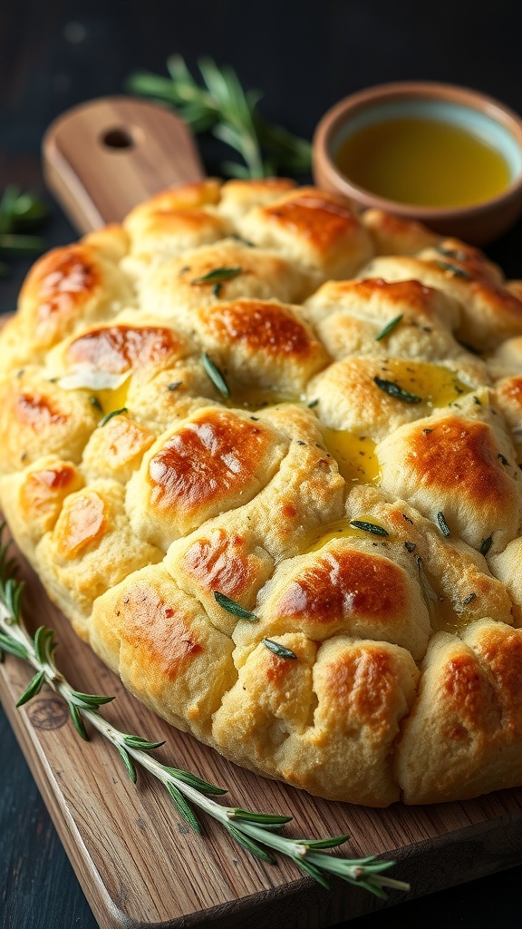 Golden brown focaccia bread with rosemary and olive oil on a wooden board.